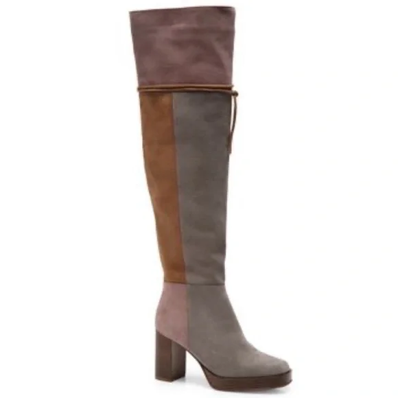 New Free People Patchwork Platform Over-The-Knee Tall Suede Leather Boots Italy